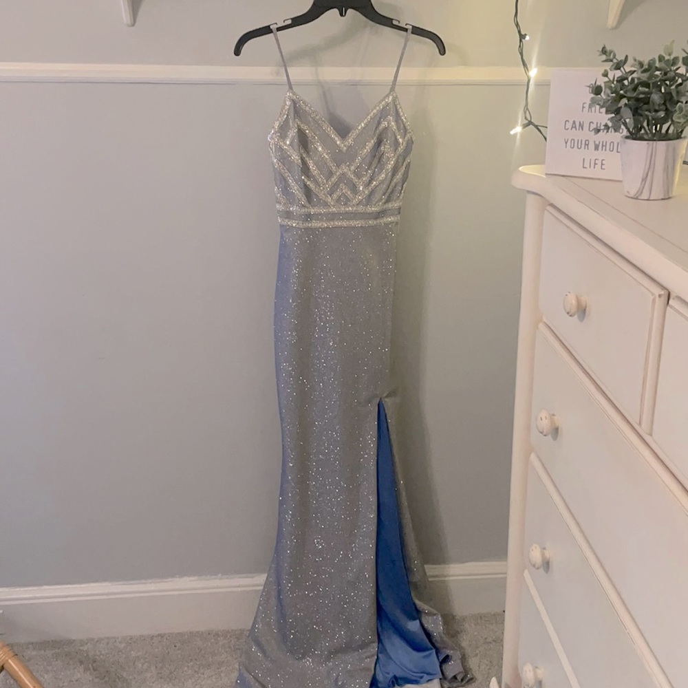 Sparkly Blue Full Length Dress with Beading